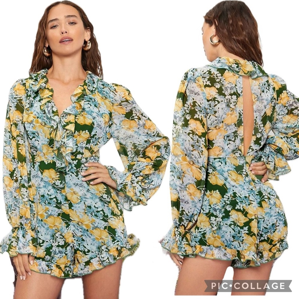 Eleonora Petrella X Shein Floral Print Long Bell Sleeve Ruffle Detail Romper
